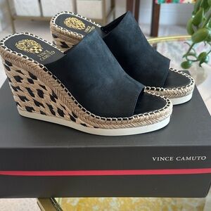 Vince Camuto Black and Tan Wedge Mules
